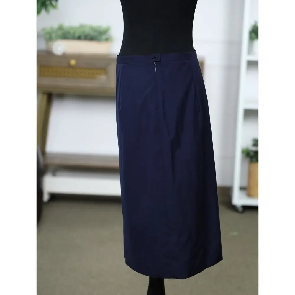 Vintage Paul Stuart Made in Italy Navy Silk Blend A-Line Midi Skirt Quiet Luxury